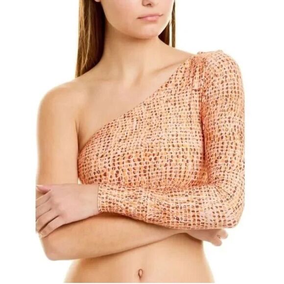 L*SPACE Cardi One Shoulder Rash‎ Guard Cropped Rashie Peach Size Small Large New - Picture 10 of 10